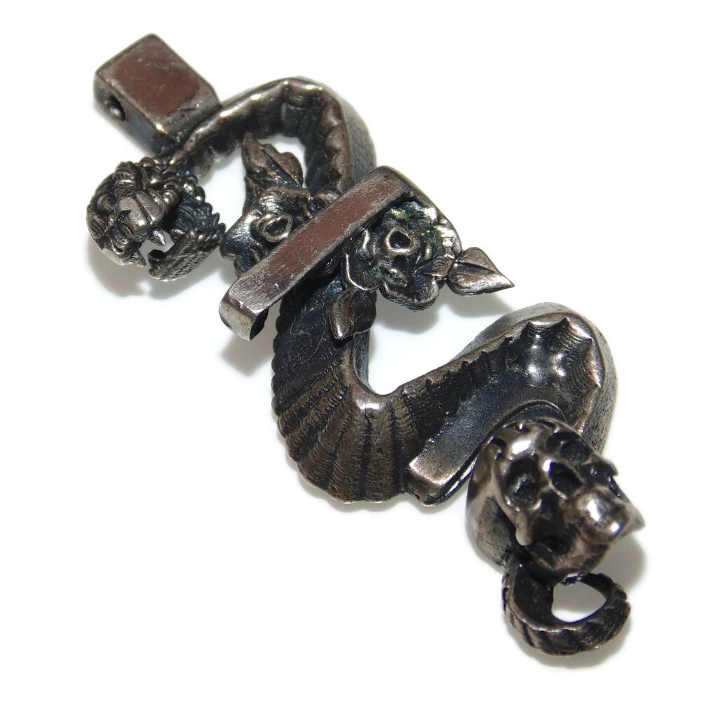 Vintage Sterling Silver Pendant Biker Rocker Large Snake Letter JR Skull Rose
